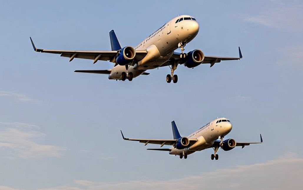 Two airliners on final approach in a clear sky, one sequenced behind the other