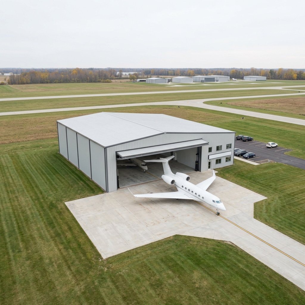 Aerial view of the subject corporate hangar on its leasehold, office wing at the near end, apron running out from the door face and the taxilane connecting to taxiway C