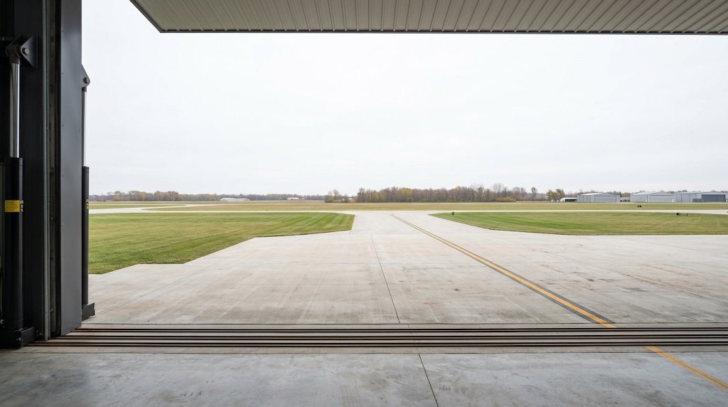 View from the hangar door line across the apron to the taxilane centreline and taxiway C beyond