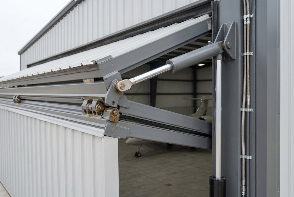 Close view of the bi-fold hangar door mechanism at the head, showing a hydraulic cylinder and hinge assembly