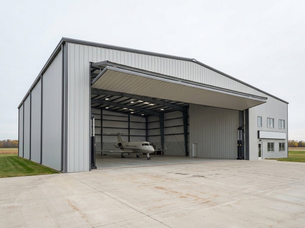Front elevation of the hangar from the apron with the bi-fold door open and a business jet inside