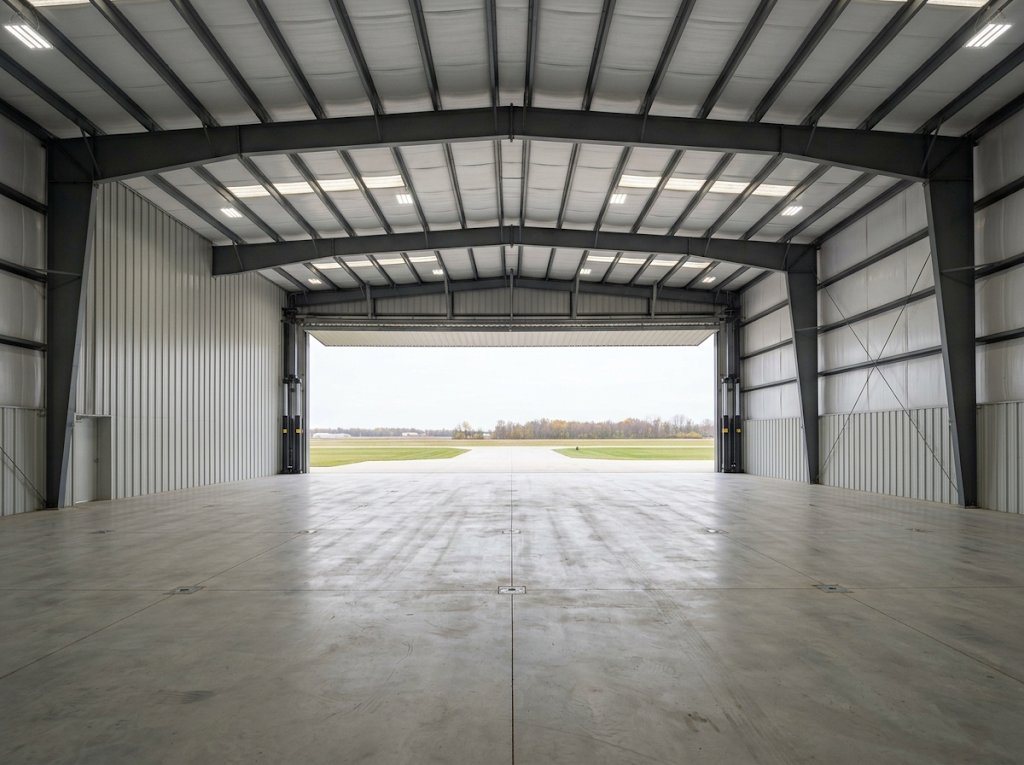 Interior of the hangar bay looking out through the open door, clear span rigid frames and sealed slab