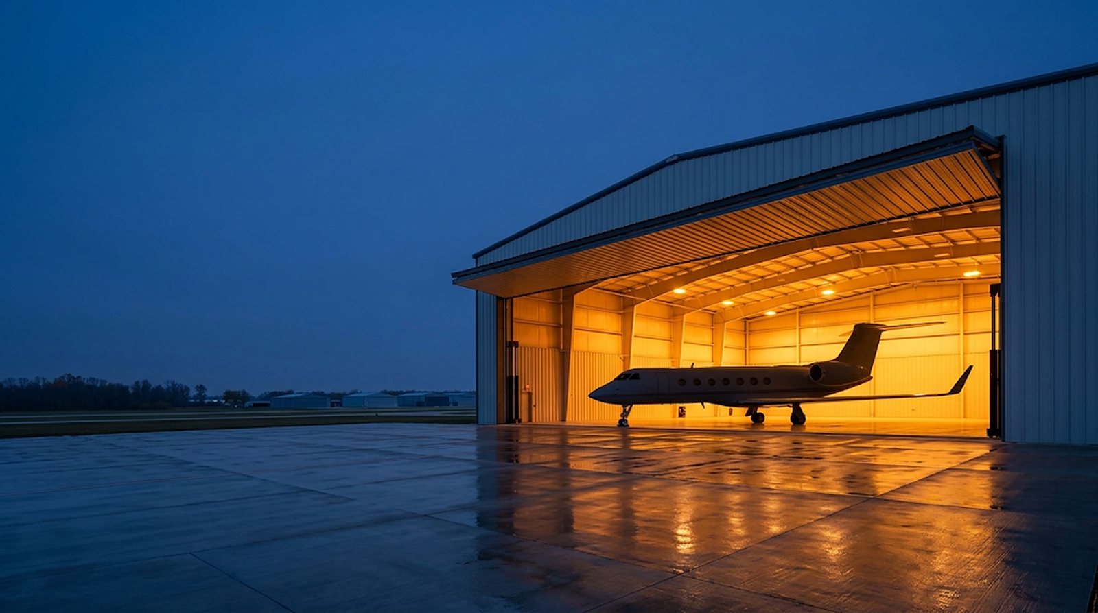 A business jet inside a lit corporate hangar at dusk, hangar door open to a wet ramp