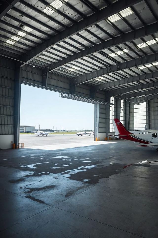 Aircraft hangar with the door open onto an airport ramp, aircraft parked outside