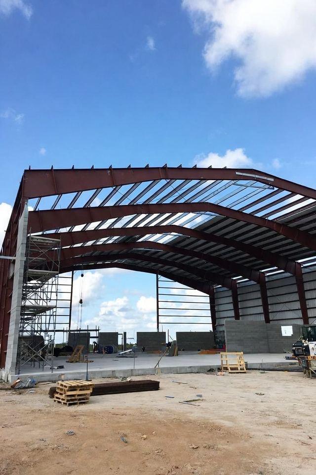 Rigid steel frame of an aircraft hangar under construction
