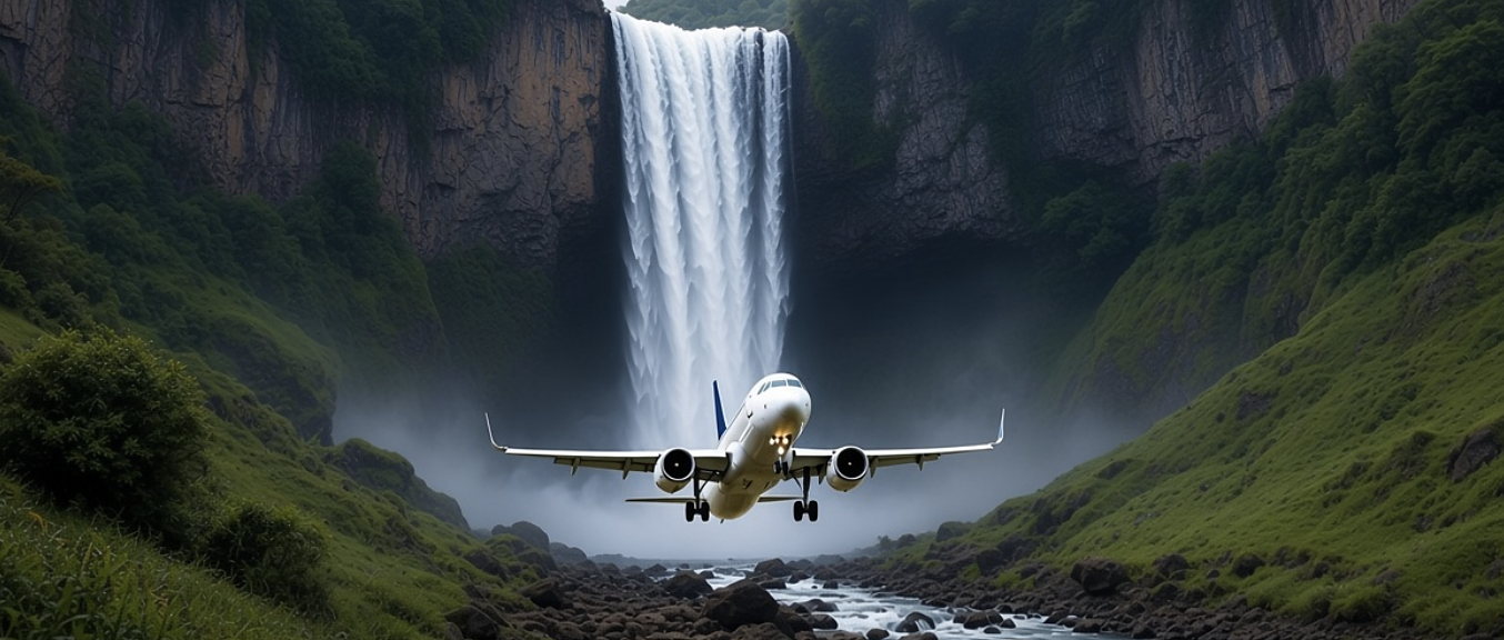 A twin-engine airliner on approach through a mist-filled canyon, a waterfall falling behind it